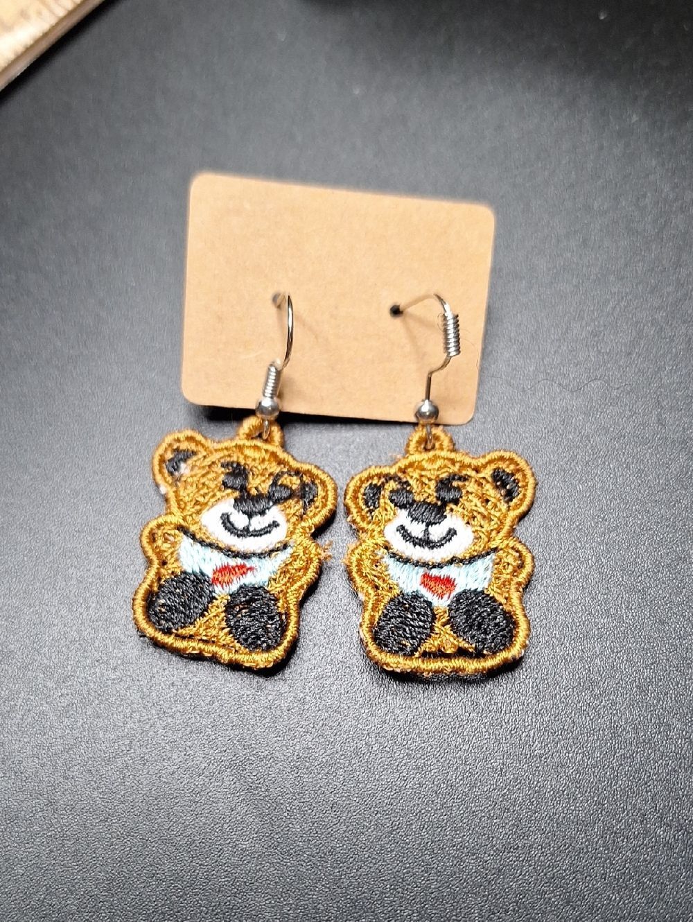 Embroidered brown Teddy Bear Dangle Earrings